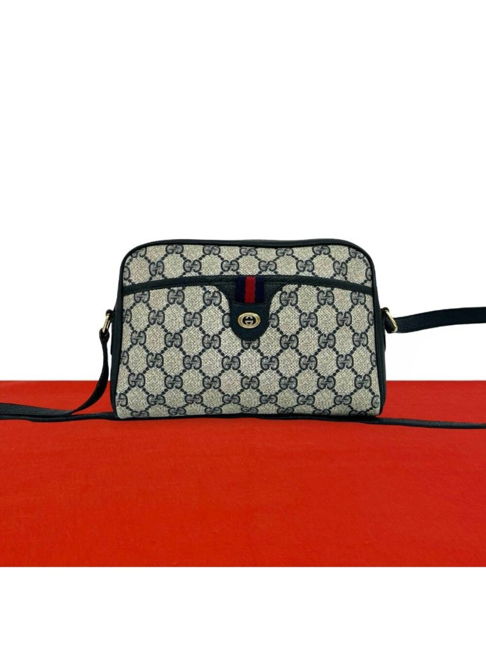 Gucci Vintage Sherry Line GG Pattern Logo Leather Shoulder Bag Pochette Navy